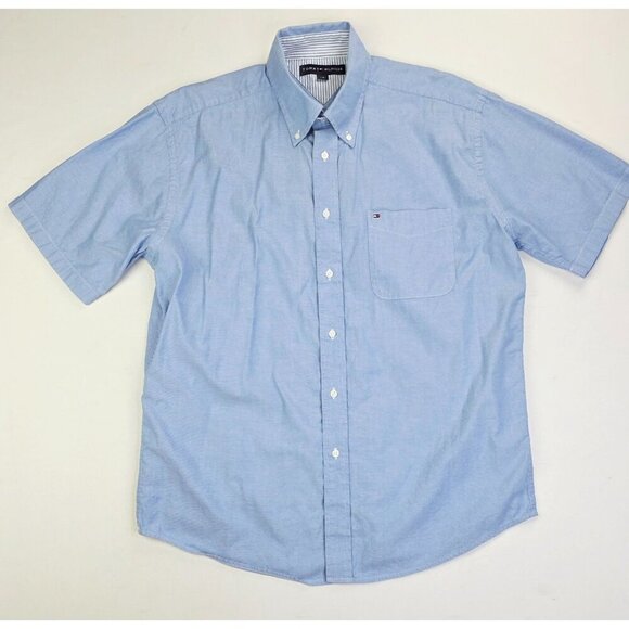 Tommy Hilfiger Size Large Mens Blue Button Down Short Sleeve Pocket Logo Shirt - Picture 1 of 9